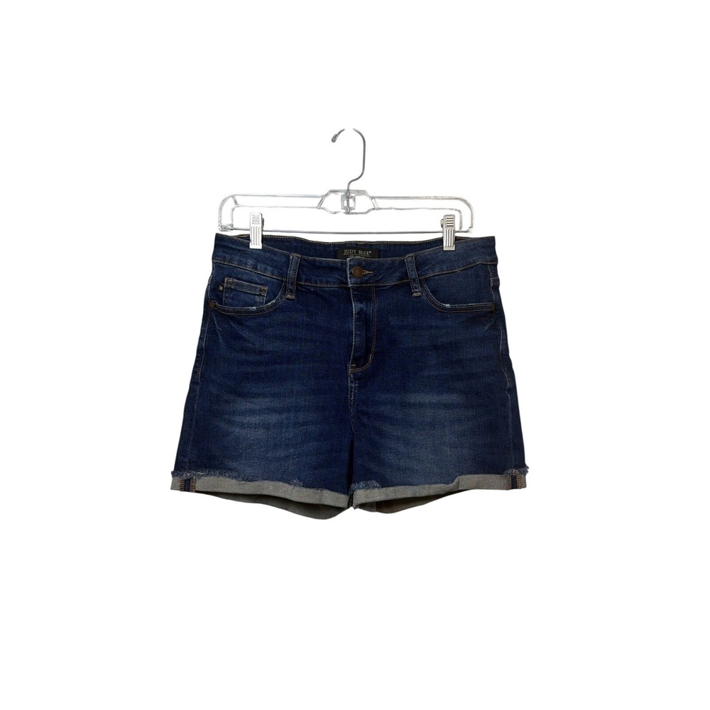 Judy Blue Denim Shorts Womens Large Blue Dark Wash Cuffed Stretch Mid Rise